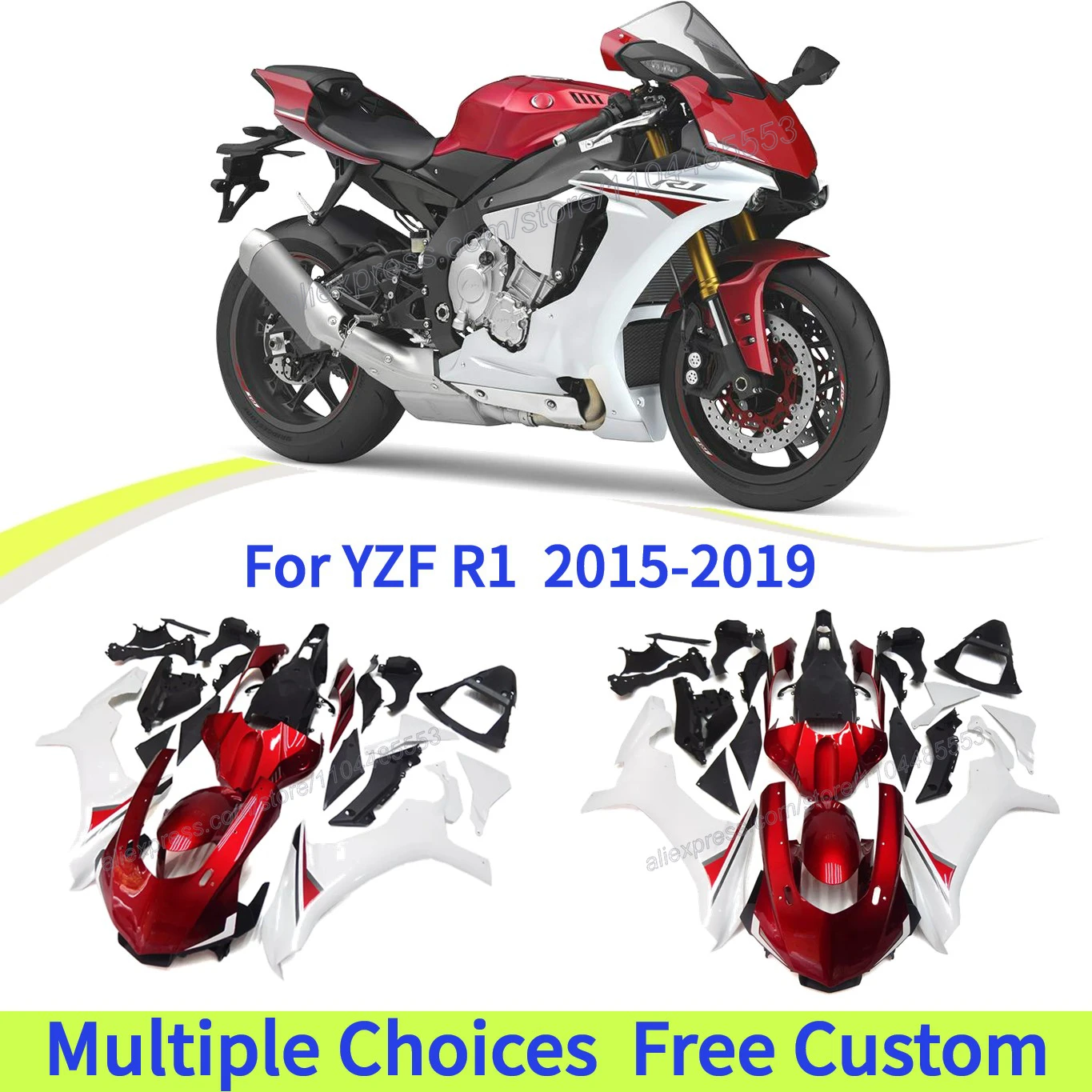 

Complete Fairing Kit for Yamaha YZF R1 2015-2019 YZFR1 Sportbike Bodywork set , white/wine red