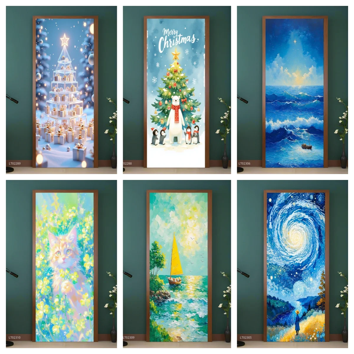 

Cat & Watermelon Door Stickers, Christmas Oil Painting Vinyl Art, Self-Adhesive Whimsical Wall Decor Poster Decorative Decal