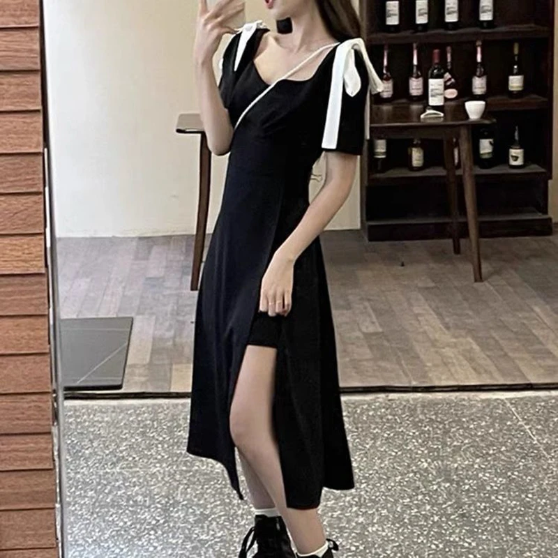 

Женское вечернее платье с бантом, черное платье большого размера с разрезом, весна-лето 2022