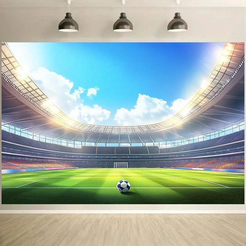 Sunlit Football Field Tapestry, Lush Green Stadium with Soccer Ball on Center Line Print Wall Hanging for Teen Bedroom Decor