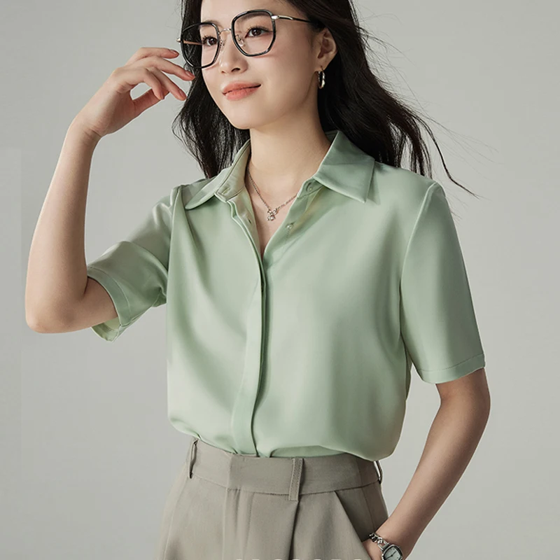 

White Hidden Placket Satin Short Sleeve Shirt for Women, Summer Draped Wrinkle-Resistant Commuter Professional Blouse