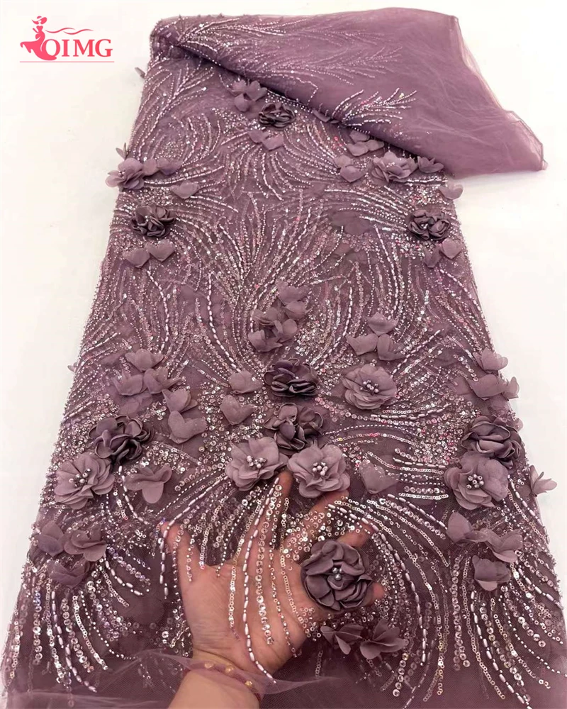 

OIMG African 3D Lace Fabric for Bridal Party Dresses, Mesh Embroidery Beads, 3D Flower, Nigerian Lace Fabrics, High Quality