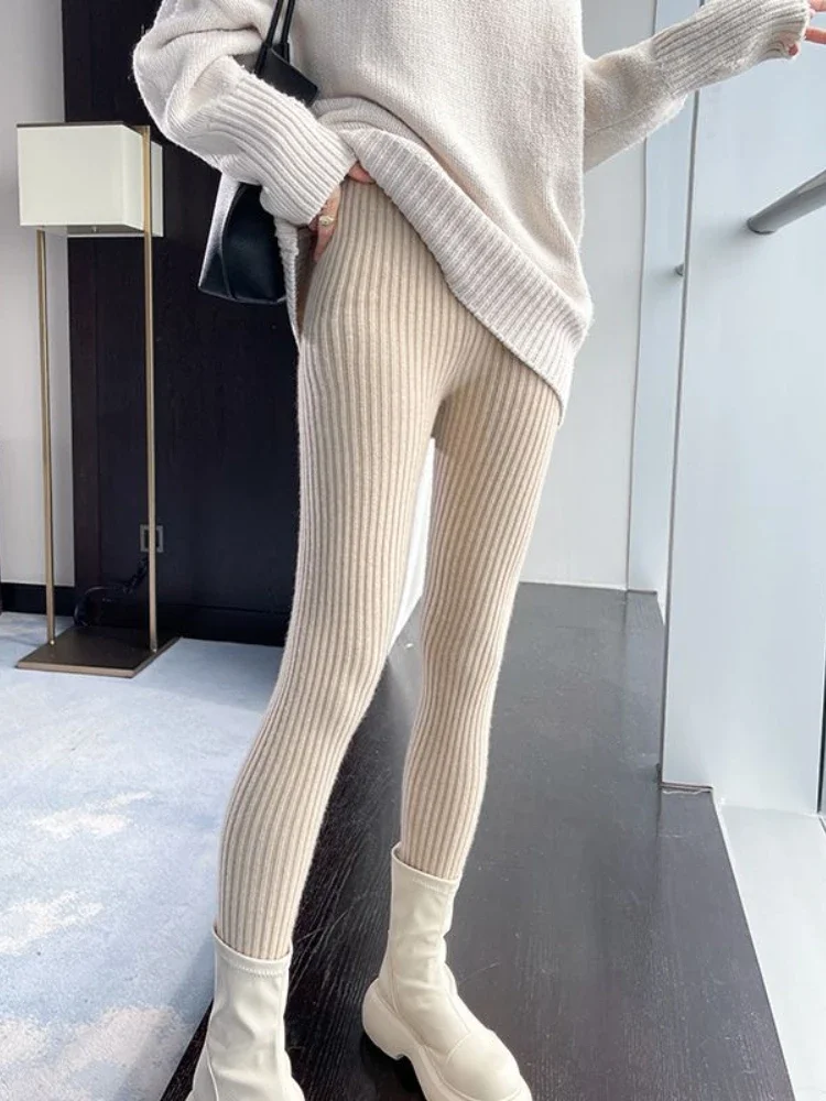 Black Knitted Leggings Slim Fit Autumn and Winter New Wool Warm Women's Leggings Sexy High Waist Vertical Stripes Womens Pants