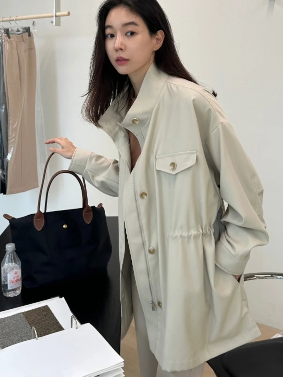 

Women's Loose Fit Windbreaker Coat with Dstring Stand Collar Long Sve Zipper Mid-Length Commute Sle Cotton Blend