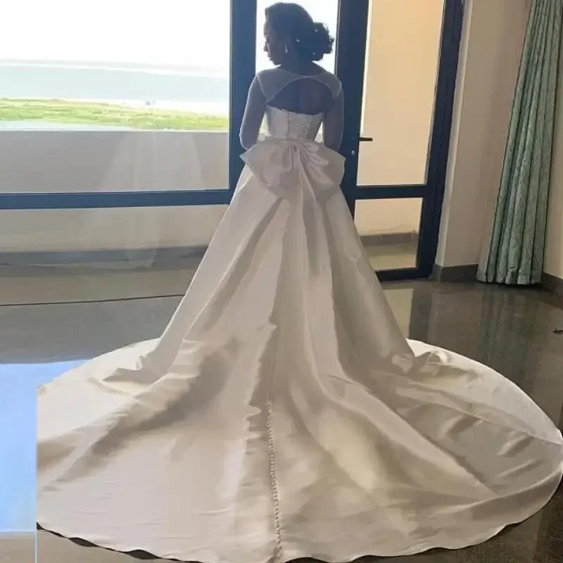 Vestido de novia de sirena con tren desmontable de satén personalizado, ilusión de tul, manga larga, vestido de novia sencillo de África para iglesia