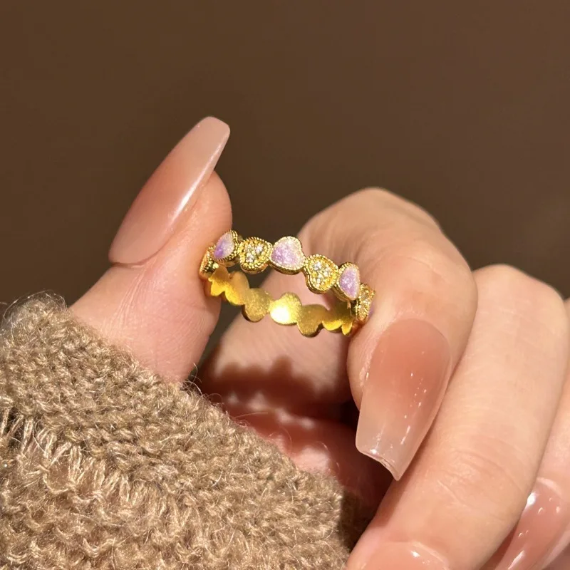 خاتم حب رومانسي للفتيات الوردية للنساء، خاتم على شكل صف ذهبي فاخر وخفيف الوزن، مجوهرات راقية