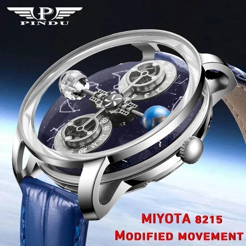 2023 PINDU Men's Watch Automatic Mechanical Watch Star Chart Sports Clock Leather Casual Business Vintage Watch Relojes Hombre