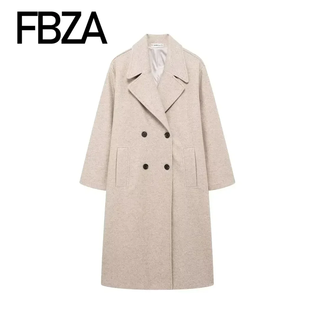 FBZA Women Fashion Autumn Winter New Soft Loose Coat Jacket Long Sleeved Double Breasted Lapel Coats Chic Ladies Tops Mujer