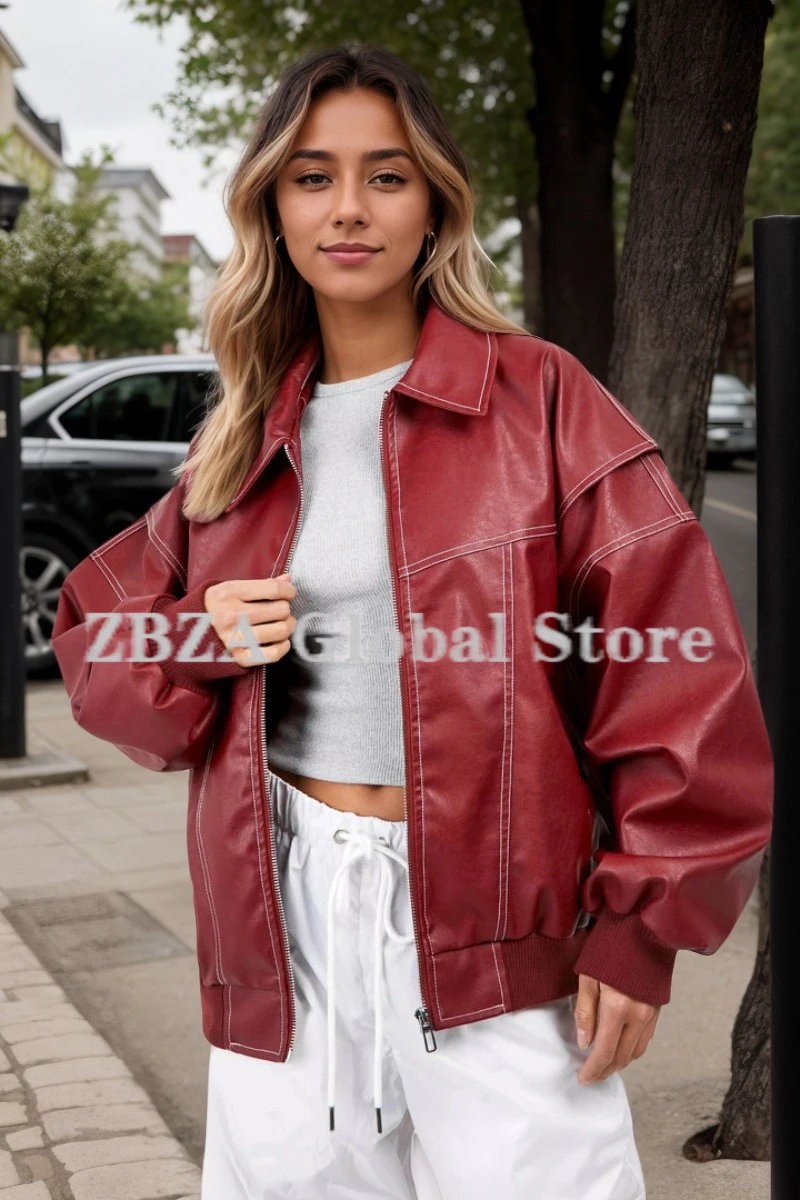 ZBZA Woman\'s Stitching Oversized Faux Leather Bomber Jacket Lapel Long Sleeves Vintage PU Jacket Fall New Female Chic Outerwear