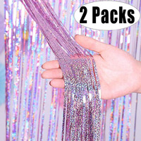 2Pack 2X1M Glitter Party Backdrop Wall Metallic Foil Tinsel Fringe Curtain Children's Birthday Wedding Bachelorette Decoration