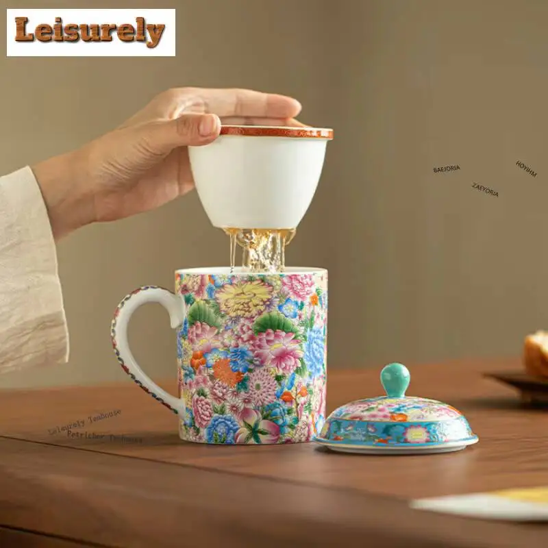 390ml Color Enamel Flower Filter Tea Separator Cup Boutique Tea Mug with Infuser Household Tea Maker Office Water Cup Decoration