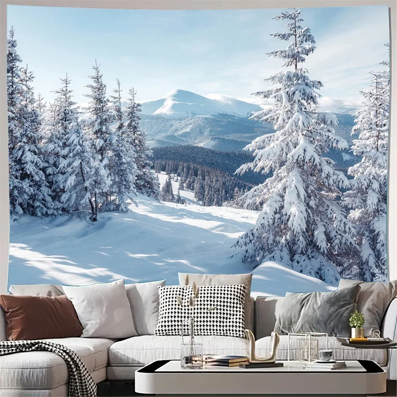 Ultra Realistic Snowy Mountain Winter Forest Tapestry Wall Hanging Decor for Living Room Bedroom Nordic Style Art Print Large Si