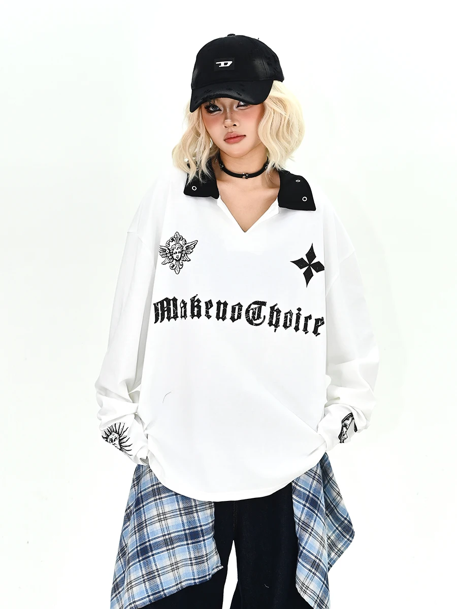 

Gothic Sle Long Sve T-irt Women's Loose BF College Sle Top Trendy Turn-down Collar Streetwear Digital Print Youth Fa...