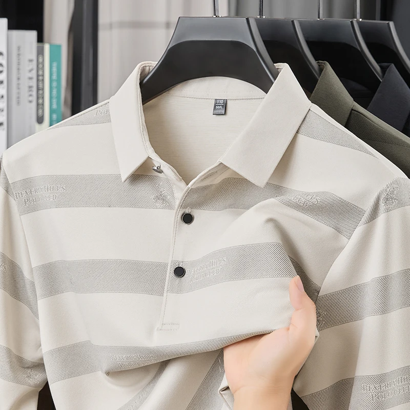 

Luo Autumn New Sheep Wool Men's Long Sleeve Polo Shirt with High Grade Printed Middle aged Business Stripe T-shirt