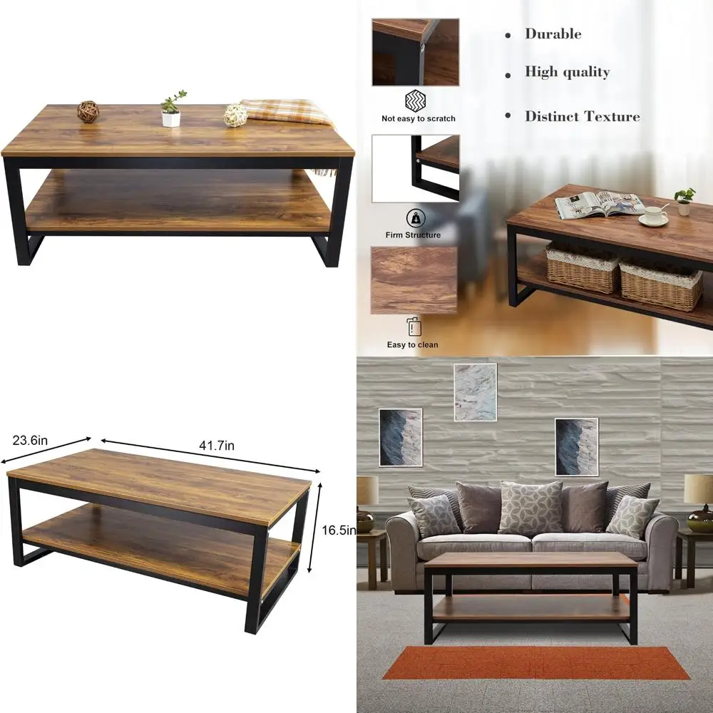 

Industrial Style Living Room Coffee Table with Storage Shelf, 41.7in Brown Wood, Rustic Accents for Home Decor