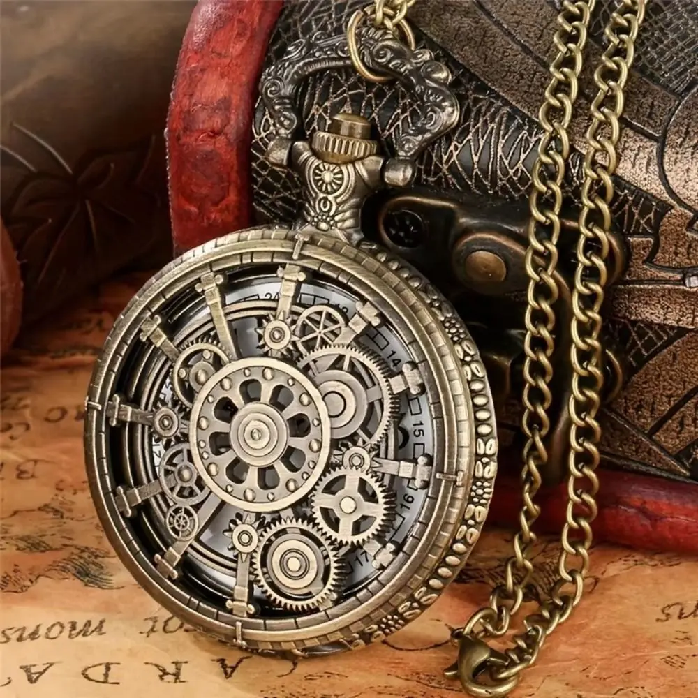 Zinc Alloy Steampunk Quartz Pocket Watch Gear Design Pointer Display Hollow Pocket Watch Arabic Numerals Dial Vintage