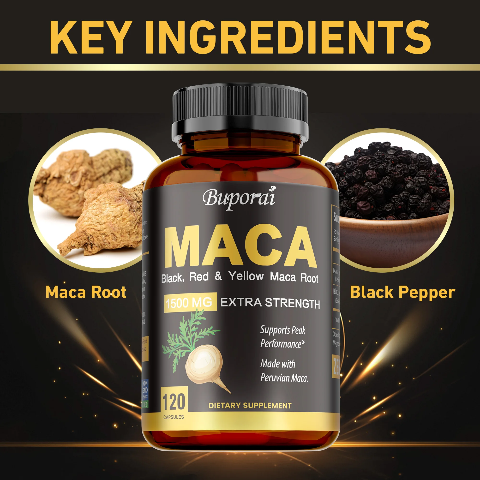 Organic Maca Root Powder Capsules with Black + Red + Yellow Peruvian Maca Root Extract Supplement for Men Women