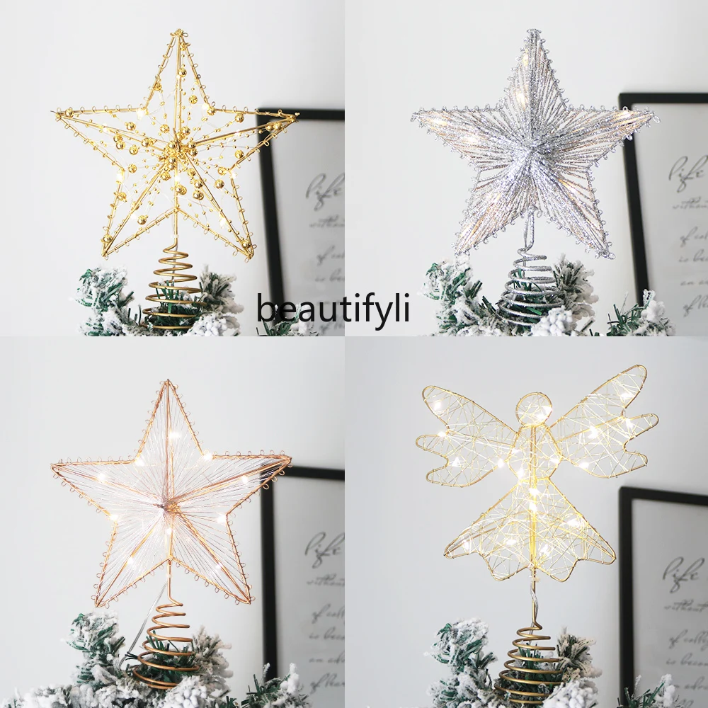 

Christmas wrought iron luminous top star battery Christmas tree top decoration, three-dimensional five-pointed star