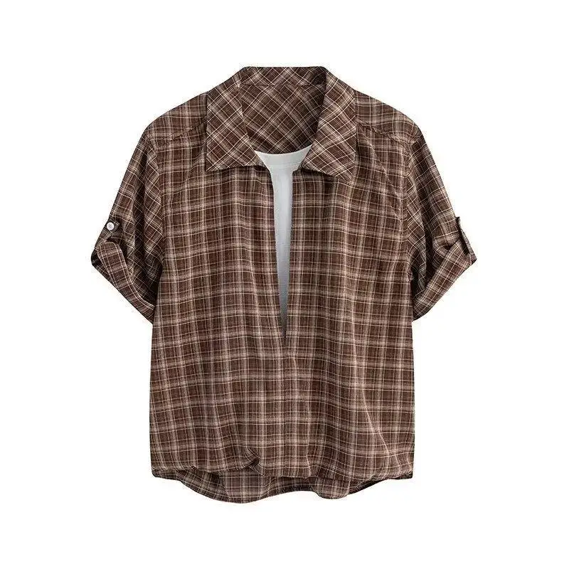 

Summer 2026 Men's Plaid Short Sleeve Casual Shirt Loose Fit Couple's Outerwear Vintage Style Standard Edition Polyester Fiber