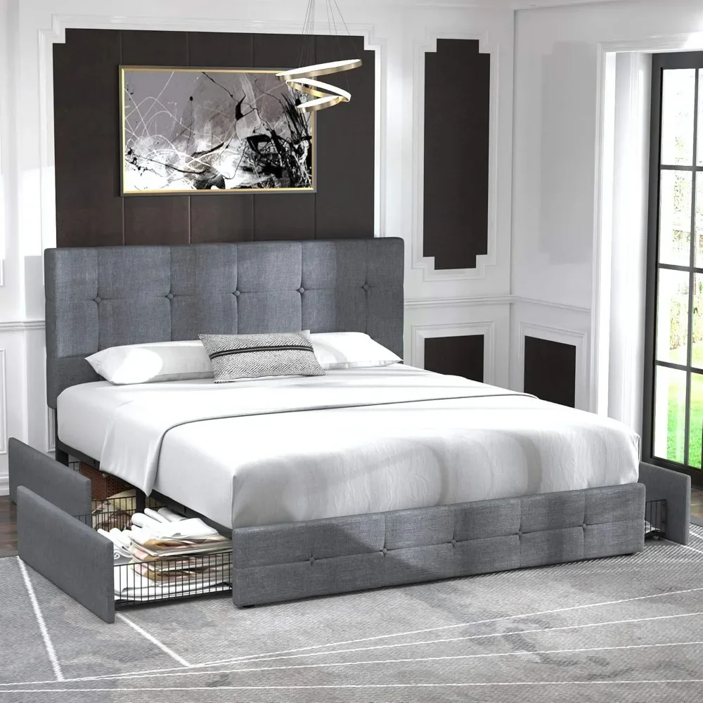 Bed.Upholstered Queen Size Platform Bed Frame with 4 Storage Drawers and Headboard, Square Stitched Button Tufted, Mattress