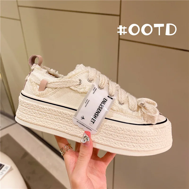 Casual Woman Shoe Round Toe All-Match Clogs Platform Modis Summer Creepers New 2024 Cross Espadrille Canvas Basic Cross-tied PVC