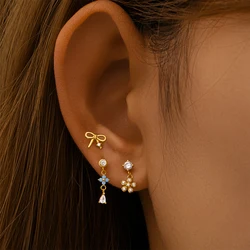 ROXI 1PC 925 Sterling Silver Blue Opal Stone Flower/Bowknot/Petal piercing Earrings For Women Tassel Earring Party Jewelry