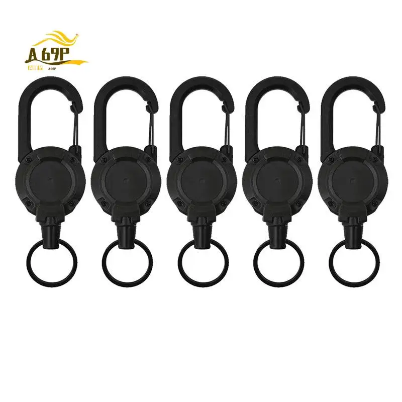 A69P-5PCS Outdoor Retractable Wire Rope Retractable Keychain Reel Retractable Key Chain With Steel Cable Key Ring Tool