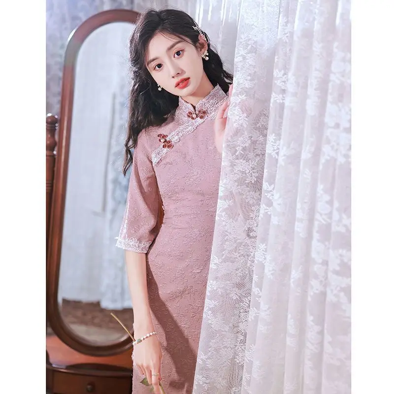 

Pink Cheongsam Women Summer 2022 Elegant Qipao New Inverted Big-sleeved Young Pink High-end Temperament Chinese Dress