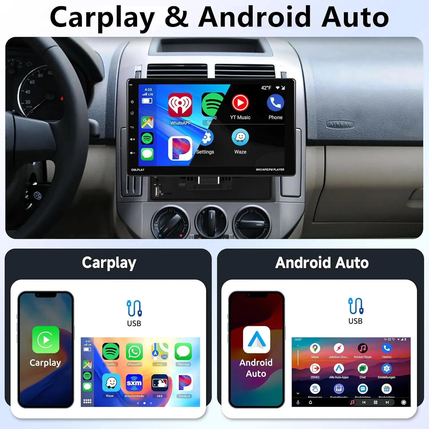 Autoradio touch screen da 9' con CarPlay, Android Auto, Bluetooth, FM, USB/TF/AUX, MirrorLink, telecamera di backup