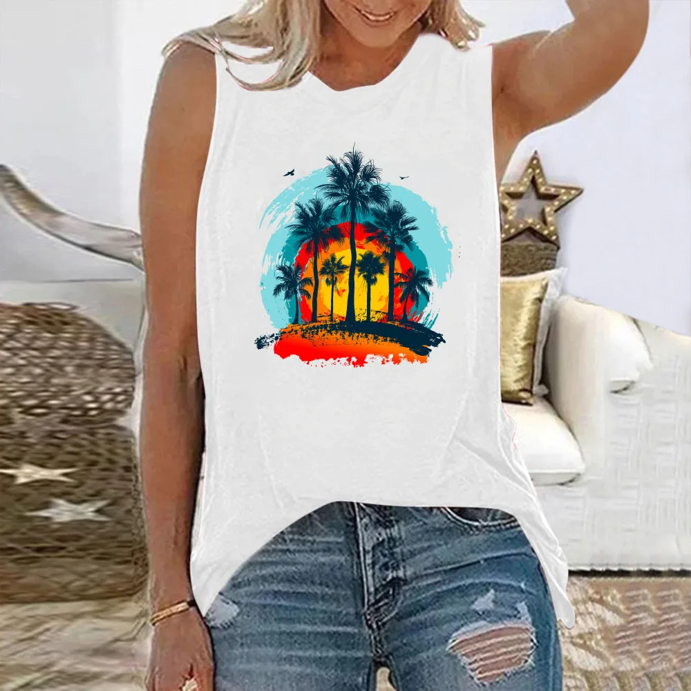 Seeyoushy Palm Tree Print Casual Holiday Women's Top 2023 Summer New Sleeveless Women's T-shirt Y2K Aesthetic Clothing Harajuku