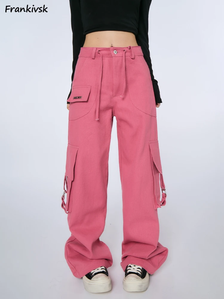 Cargo Pants Women Colorful Youthful Vitality Pockets European Style Retro Solid Simple All-match Drawstring Pink  Summer