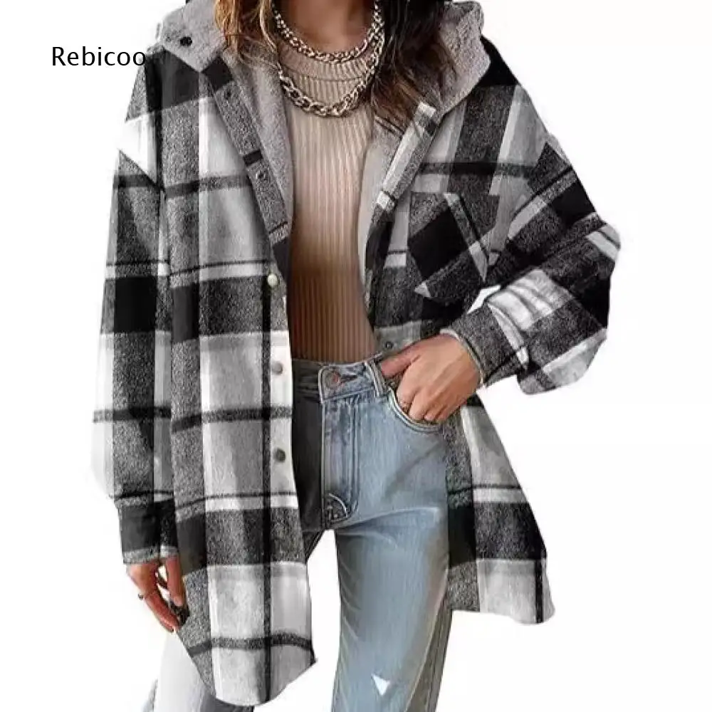 Women Plaid Print Hooded Shacket Long Sleeve Button Down Fleece Lined Loose Fit Casual Outerwear With Side Pockets