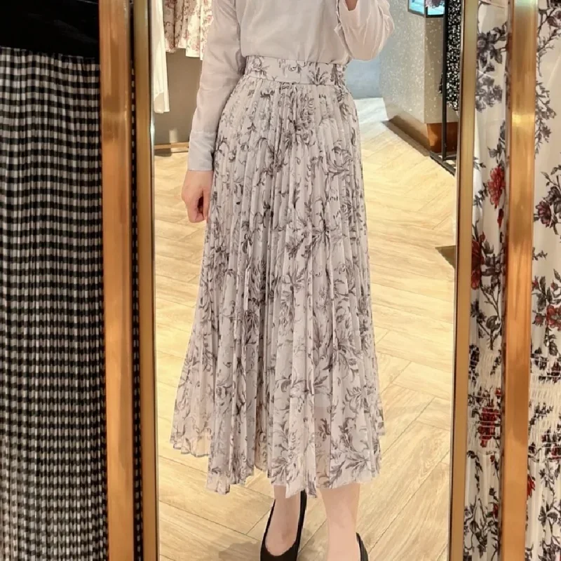 WAKUTA 2024 Summer New Long Commuter Printed Jupe Harajuku High Waist Temperament Faldas Lady Pleated Irregular Chiffon Skirts