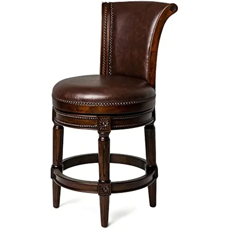 Pullman 26 Inch Tall Counter Height Upholstered Barstool with Back in Dark Walnut Finish with Vintage Brown Leather Cushion Seat