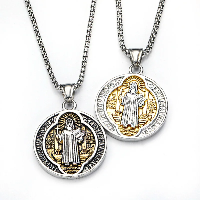 Stainless Steel Catholic Patron Saint St Benedict of Nursia Holy Medal Round Pendant Necklace for Men Jewelry Drop Shipping