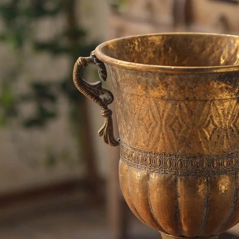 Metall-Urnen-Pflanzgefäß, Bronze, klassische antike Eisen-Pflanztöpfe, dekorative rustikale Blumentöpfe für Terrassen – Detail 4