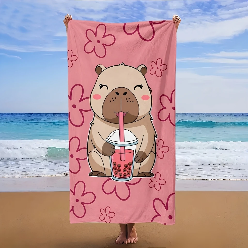 1pc Cartoon Capybara Bubble Tea Beach Towel, Absorbent Quick-Dry, Ideal for Swimming Fitness Yoga Travel Camping