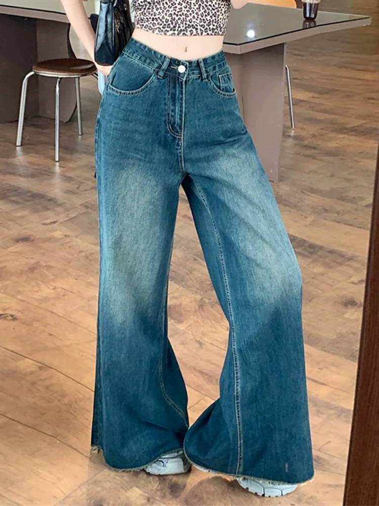 Koreańskie, luźne dżinsy z szeroką nogawką w stylu vintage, damskie Streetwear, proste spodnie dżinsowe z wysokim stanem, wiosenne jesienne, luźne, modne Vaqueros