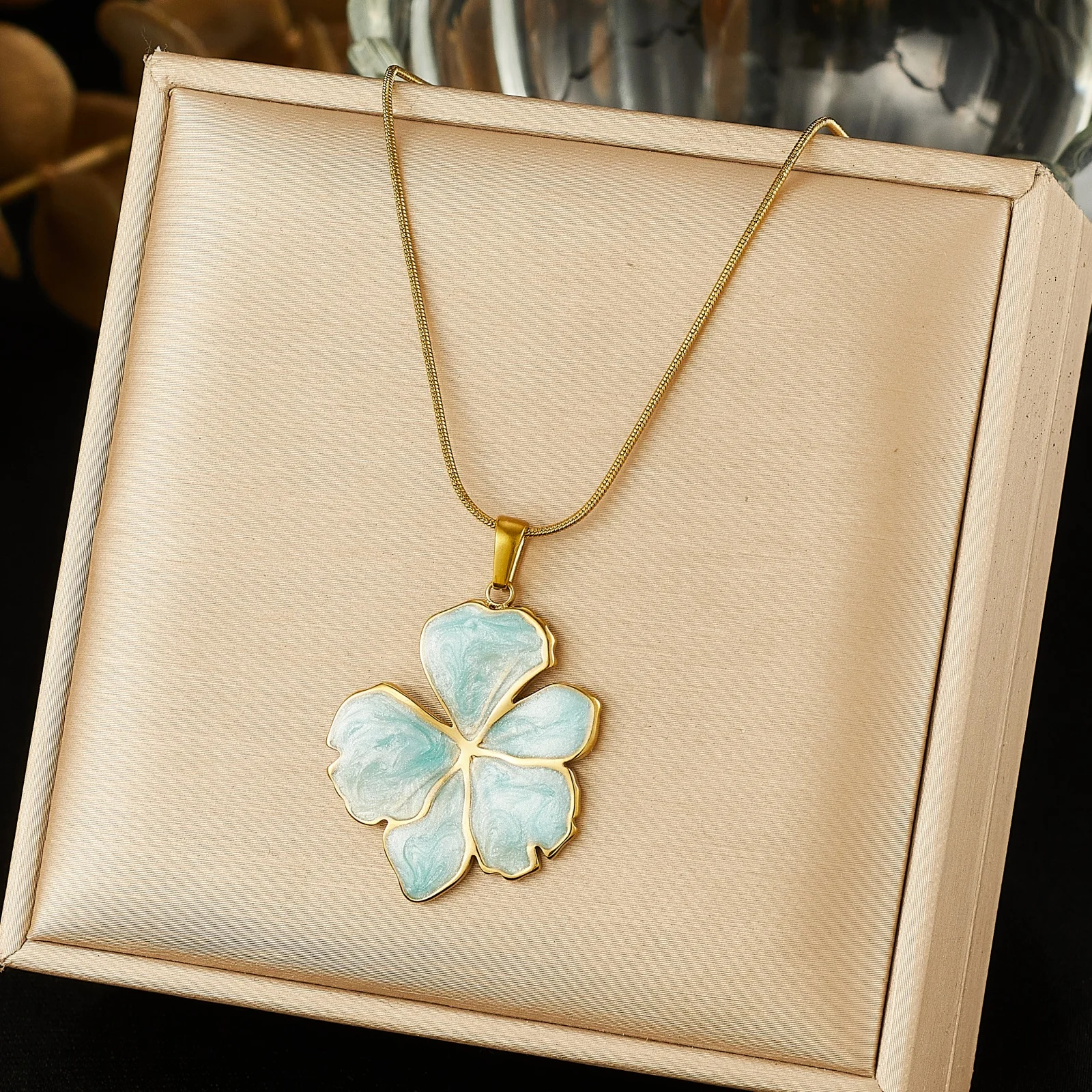 LAMENGLY 316L Stainless Steel Luxury Light Blue Flower Choker Necklace Women Daily Wear Noble Elegant Neck Chain Jewelry view 3