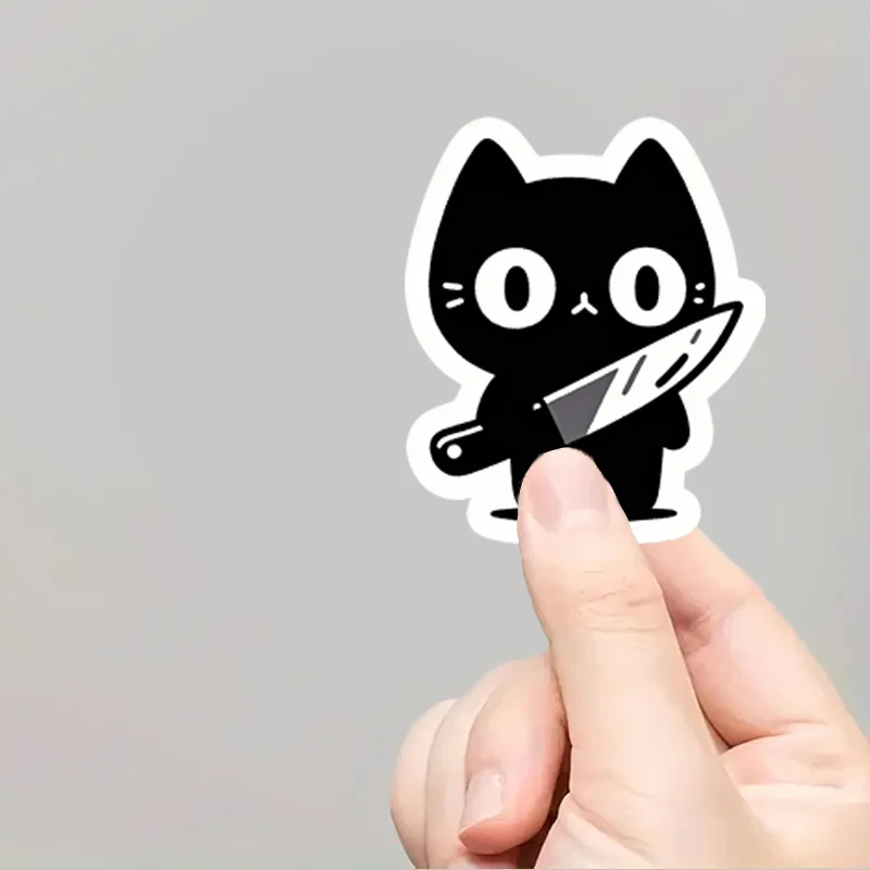 Fun Black Cat Holding a Knife Design, Motivational Sticker, Suitable for Laptop Decoration, Toolbox Decals, Fun Patterns