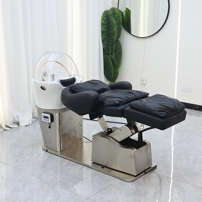 qk-Modern Beauty Salon Furniture Silver Stainless Steel Base Salon Shampoo Luxury Swivel Barbershop Electric Washing Chair@