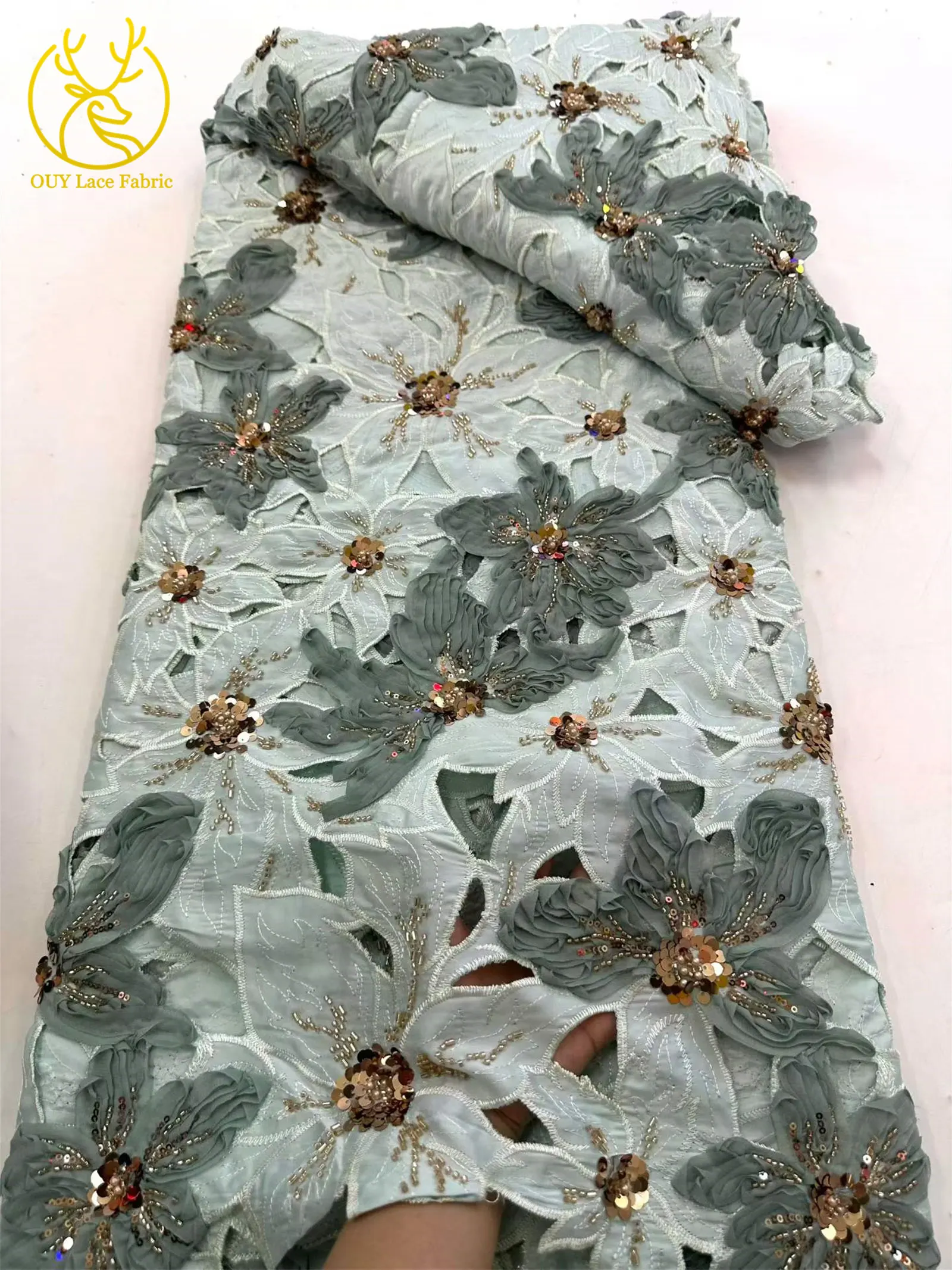 Afrikanischer französischer Stickerei-Spitzenstoff mit Perlen und Pailletten, nigerianischer Tüll-Stickerei-Blumenstoff für Abendkleider, Nähen und Dekoration – Detail 14