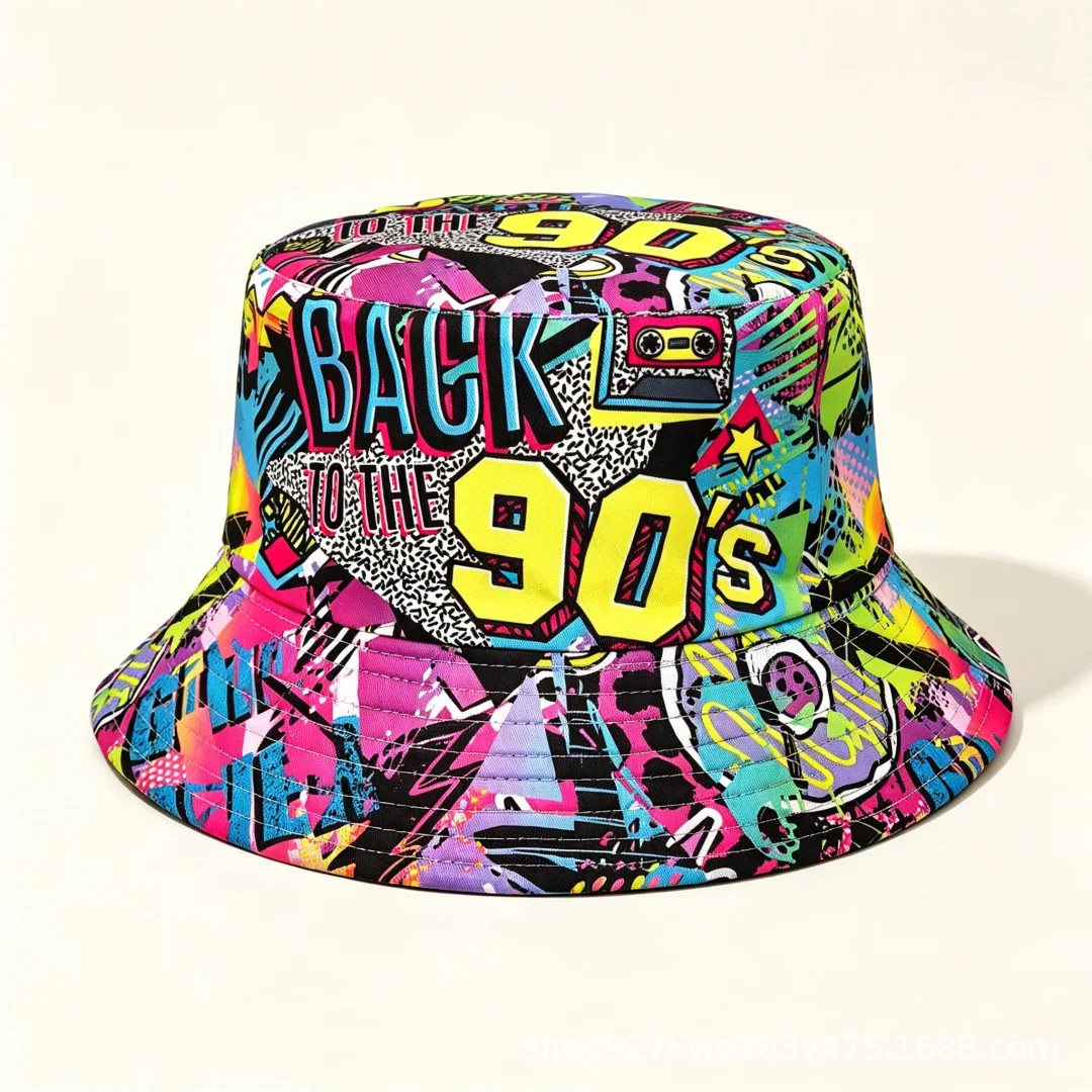 Back To The 90s Bucket Hat Retro Graffiti Print Unisex Wide Brim Sun Hat 90's Theme Party Hip Hop Streetwear Outdoor Travel Hats