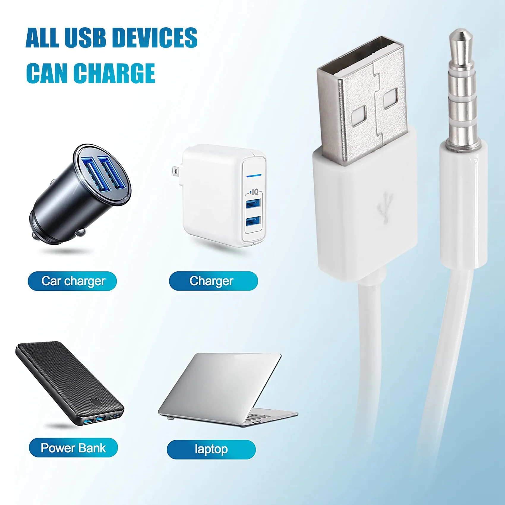 محول قابس من AUX إلى USB ، كابل شحن ، أبيض ، مقبس ، صوت ، 1 متر