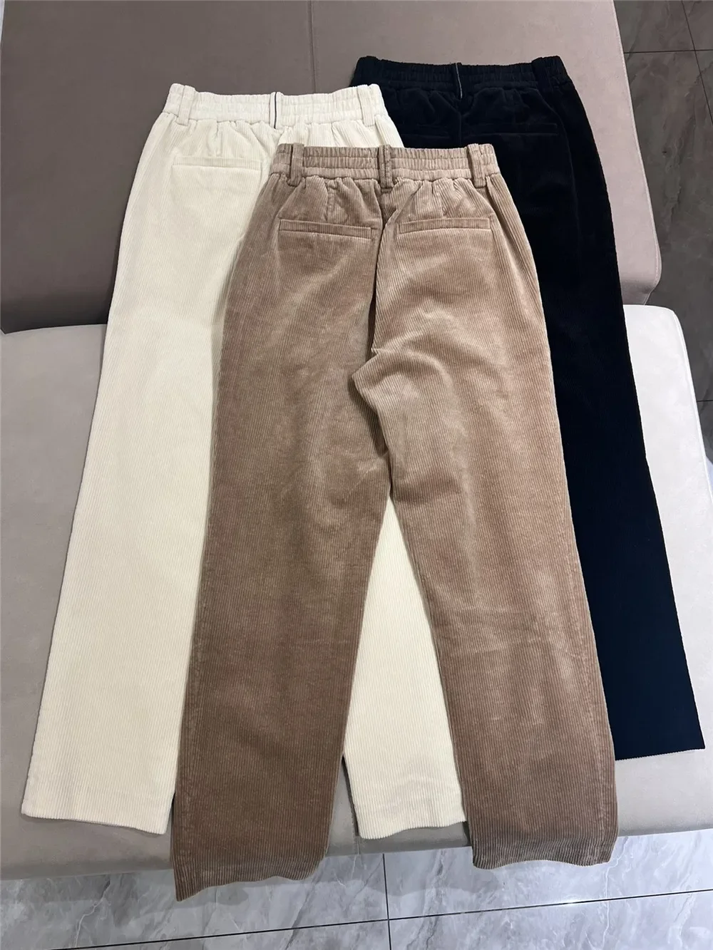 Women Corduroy Long Pants Elastic High Waist Straight Vintage Autumn Winter Tapered Trousers