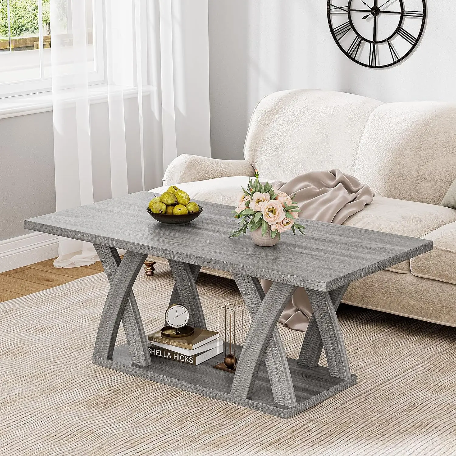 

47” Farmhouse Coffee Tables For Living Room Rustic Stands With Storage Shelf Grey Coffee Tables For Living Room Farmhouse Center