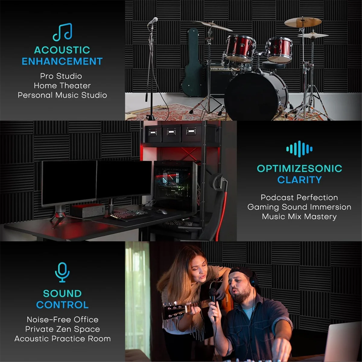 ABXHH 52 Painéis de Espuma Acústica, Painéis de Espuma à Prova de Som de 1x12x12 Polegadas para Paredes, Painéis Acústicos Absorventes de Som Preto