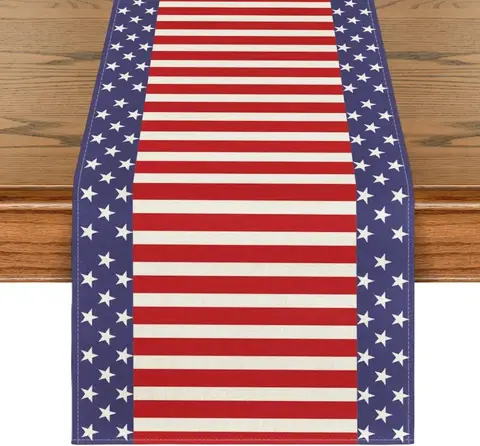 4th of July Patriotic Memorial Day Table Runner,Linen Red Blue White Strips Stars Dining Table Decoration For Independence Day