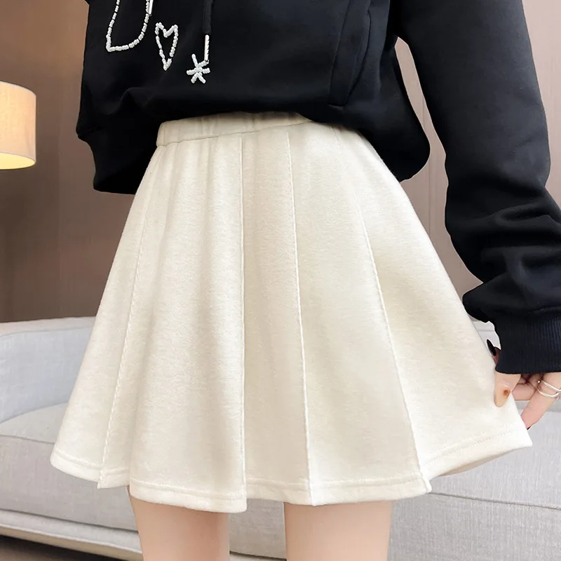 Solid Wool Blend Pleated Skirt for Women High Waist Warm A Line Mini Preppy Style Flared Skater Skirt Autumn Winter