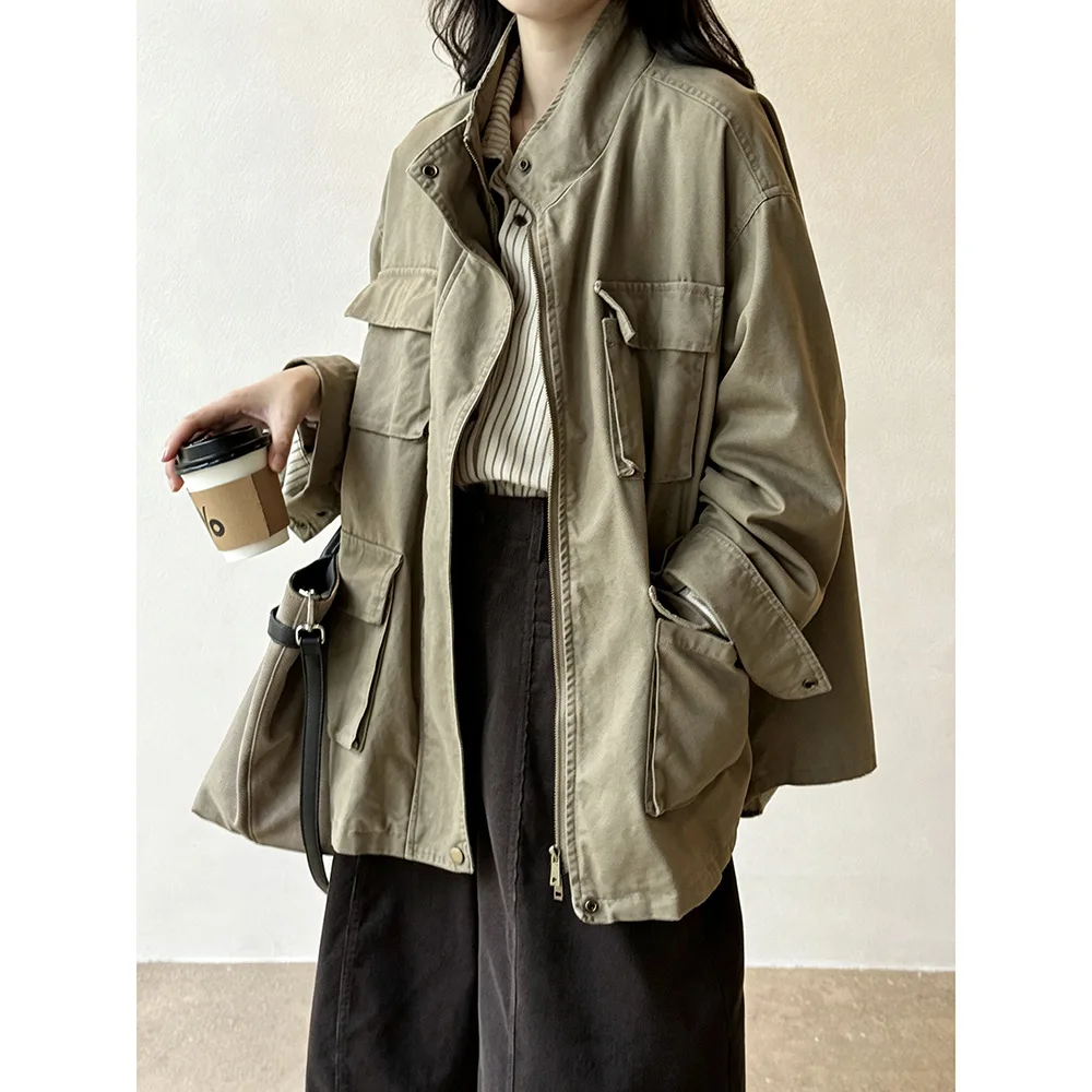 Autumn Women Utility Cargo Jacket Vintage Stand Collar Zipper Loose Casual Pocket Outerwear